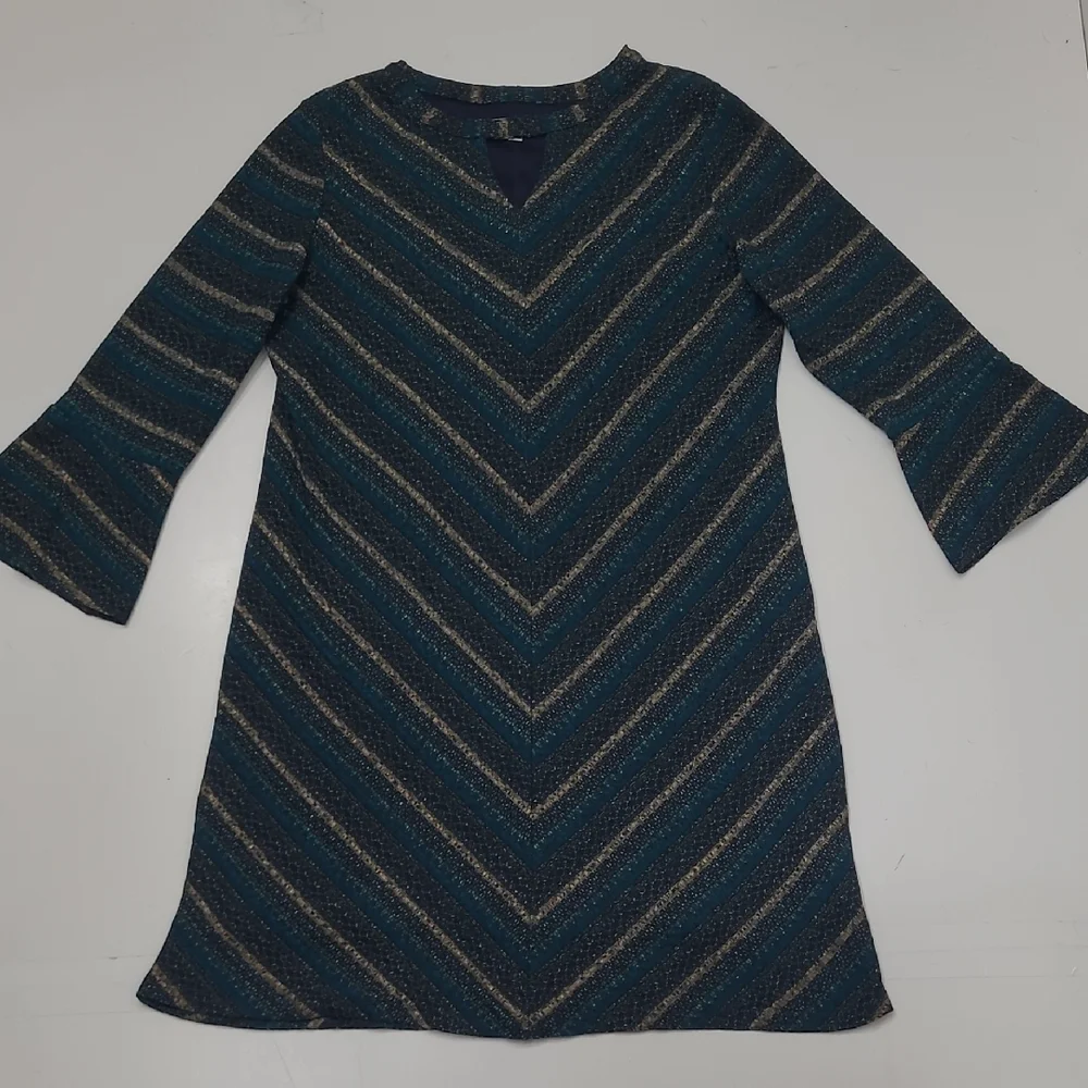 Studio One New York Boho Knit A-Line Dress Long Bell Sleeve Lined Chevron Cutout - Picture 4 of 17